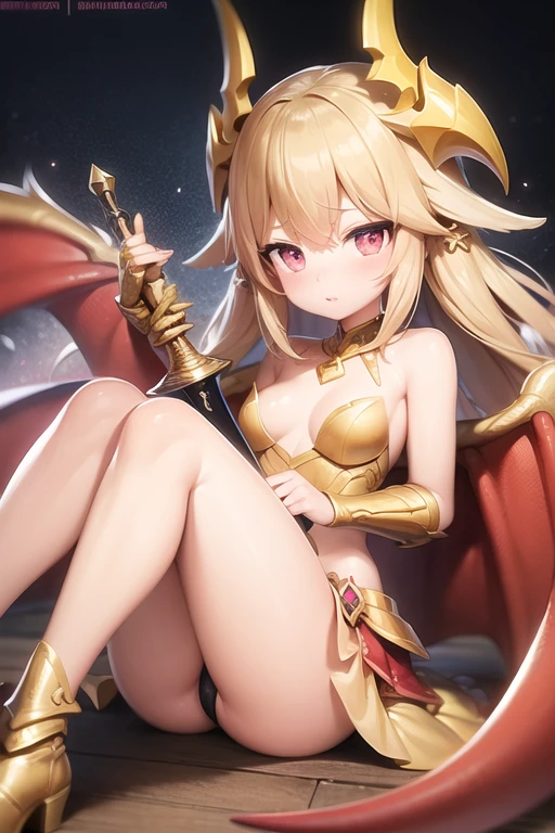 ((best quality)), ((Artwork)), (detailded), 1 girl, Dragon woman, cabellos largos dorados, golden armour, Golden Dragon Knight, golden wings, pinky skin, Eyes red, legs thick, blush cheeks, golden giant sword