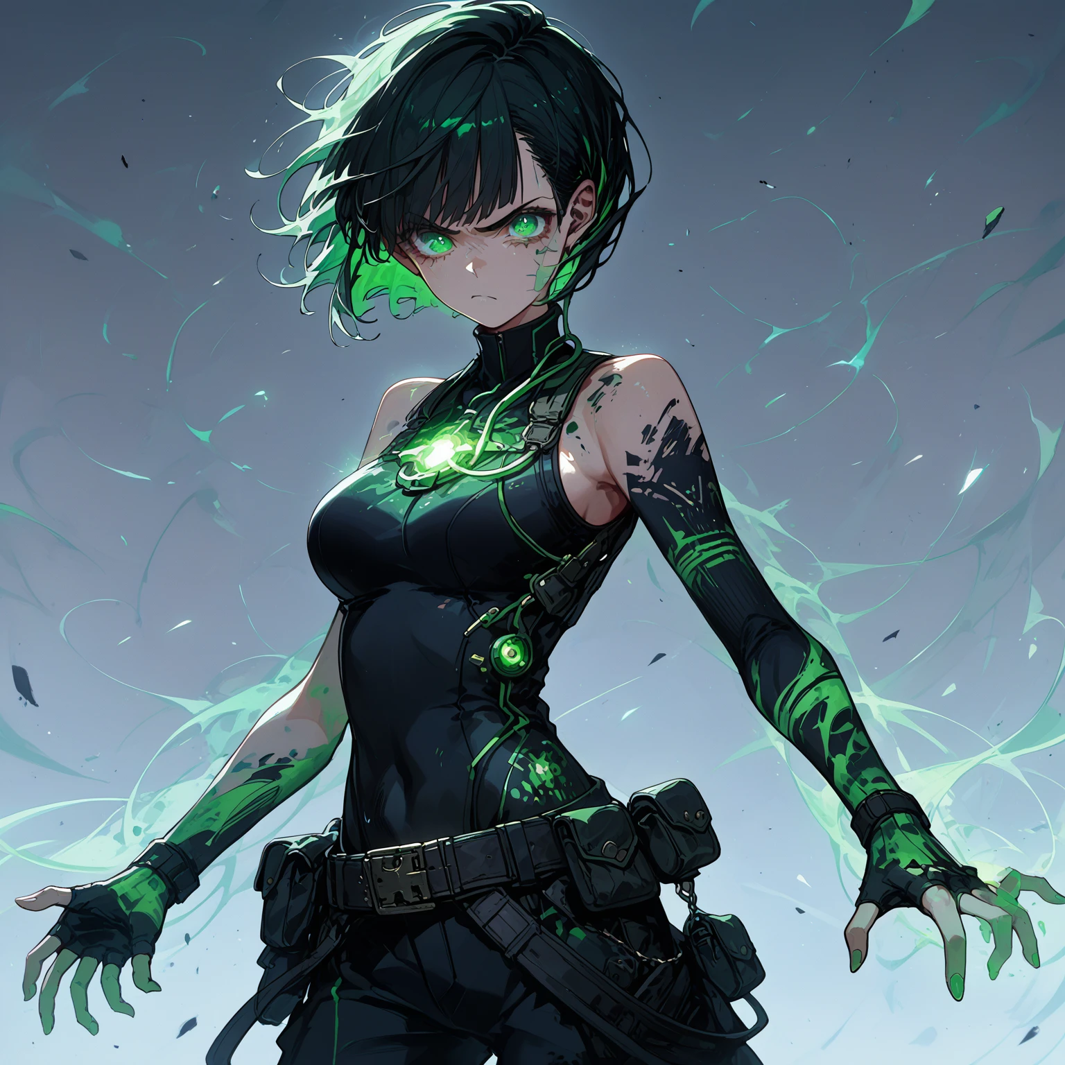 A girl with Slim, athletic build,Short, edgy hair with streaks of neon green,Intense, glowing green eyes,Fitted, dark top with glowing green circuitry,Sleeveless or short-sleeved, showcasing glowing energy patterns on her arms,High-tech harness with energy nodes,Fingerless gloves with energy conduits,Dark, fitted pants with utility pockets,Belt with energy capsules and gadgets,Confident, determined expression,Energetic aura surrounding her hands and body, standing in front of a city, (nude:0.9), NSFW,  detailed gorgeous face| anime style| key visual| intricate detail| highly detailed| breathtaking| vibrant| panoramic| cinematic| Carne Griffiths| Conrad Roset| gibbli 8k