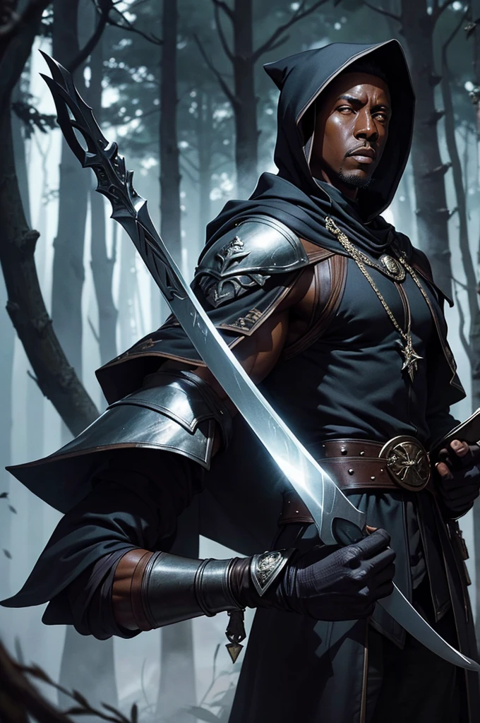 do Wesley Snipes, wearing dark clothes and a hood, appears in a combat pose. He carries two swords on his back, one silver and one steel, typical of Cat School wizards. His costume is detailed with feline symbols and ornaments., and he wears light armor, designed for agility and stealth. The background is a dark forest., with a mysterious and magical atmosphere, full of tall trees and dense mists. Wesley Snipes' expression is serious and determined, with piercing eyes, reflecting the intensity and experience of a veteran wizard