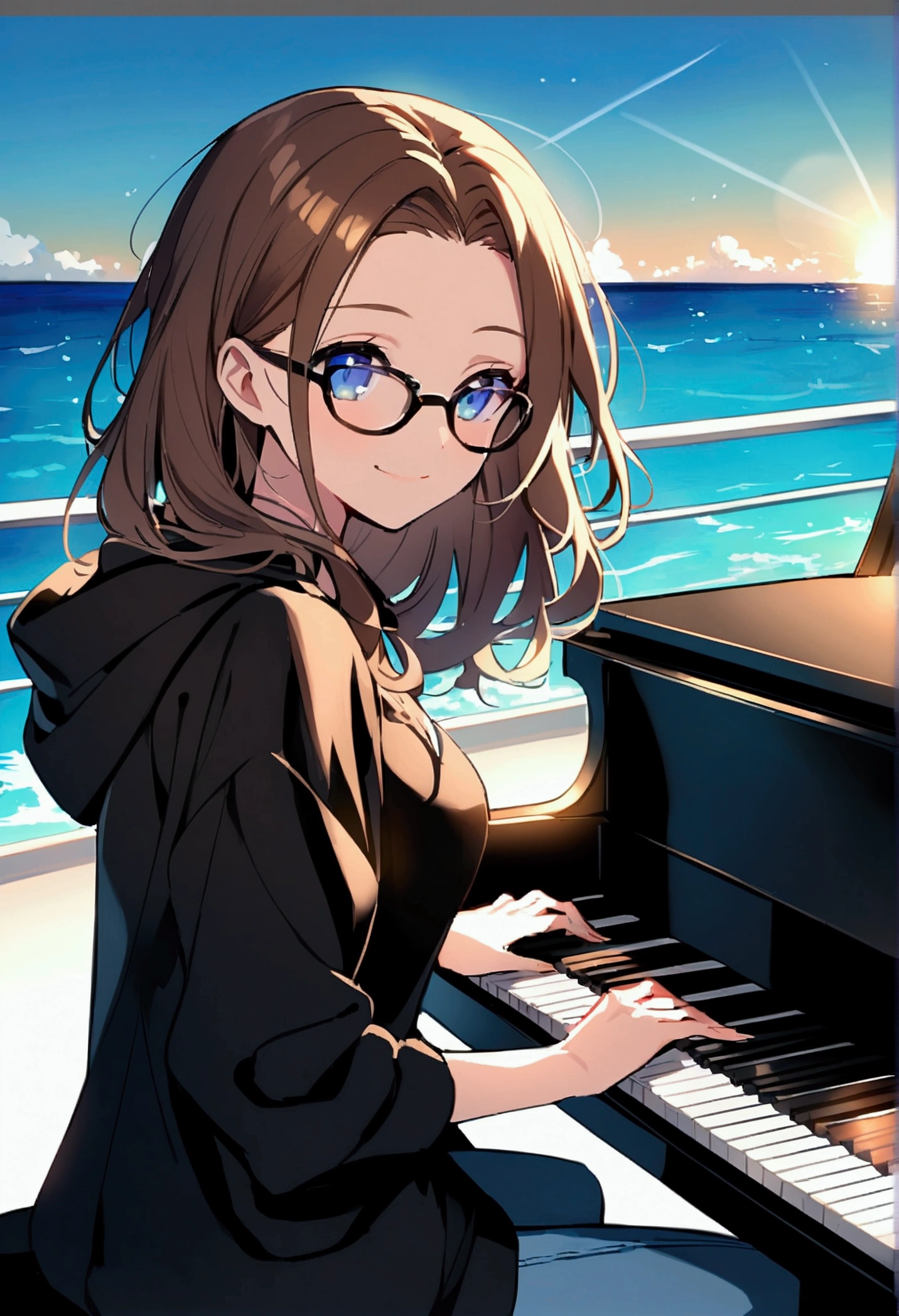 Alone, one person, anime woman (shoulder-length brown hair, blue eyes, black hoodie, jeans, dark-rimmed glasses, clear forehead, smiling) plays sitting on a beautiful black piano. Summer. Sun ist shining. Ocean in the background.