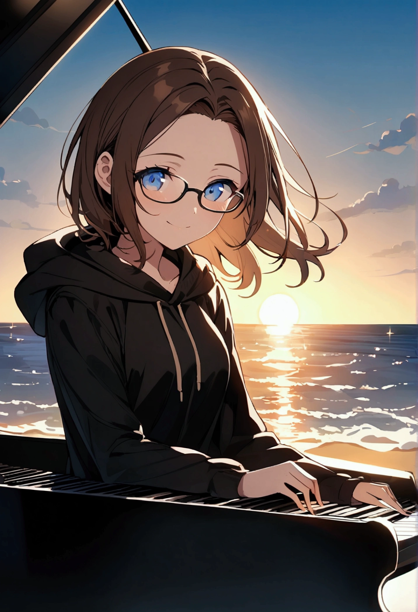 Alone, one person, anime woman (shoulder-length brown hair, blue eyes, black hoodie, jeans, dark-rimmed glasses, clear forehead, smiling) plays sitting on a beautiful black piano. Summer. Sun ist shining. Ocean in the background.