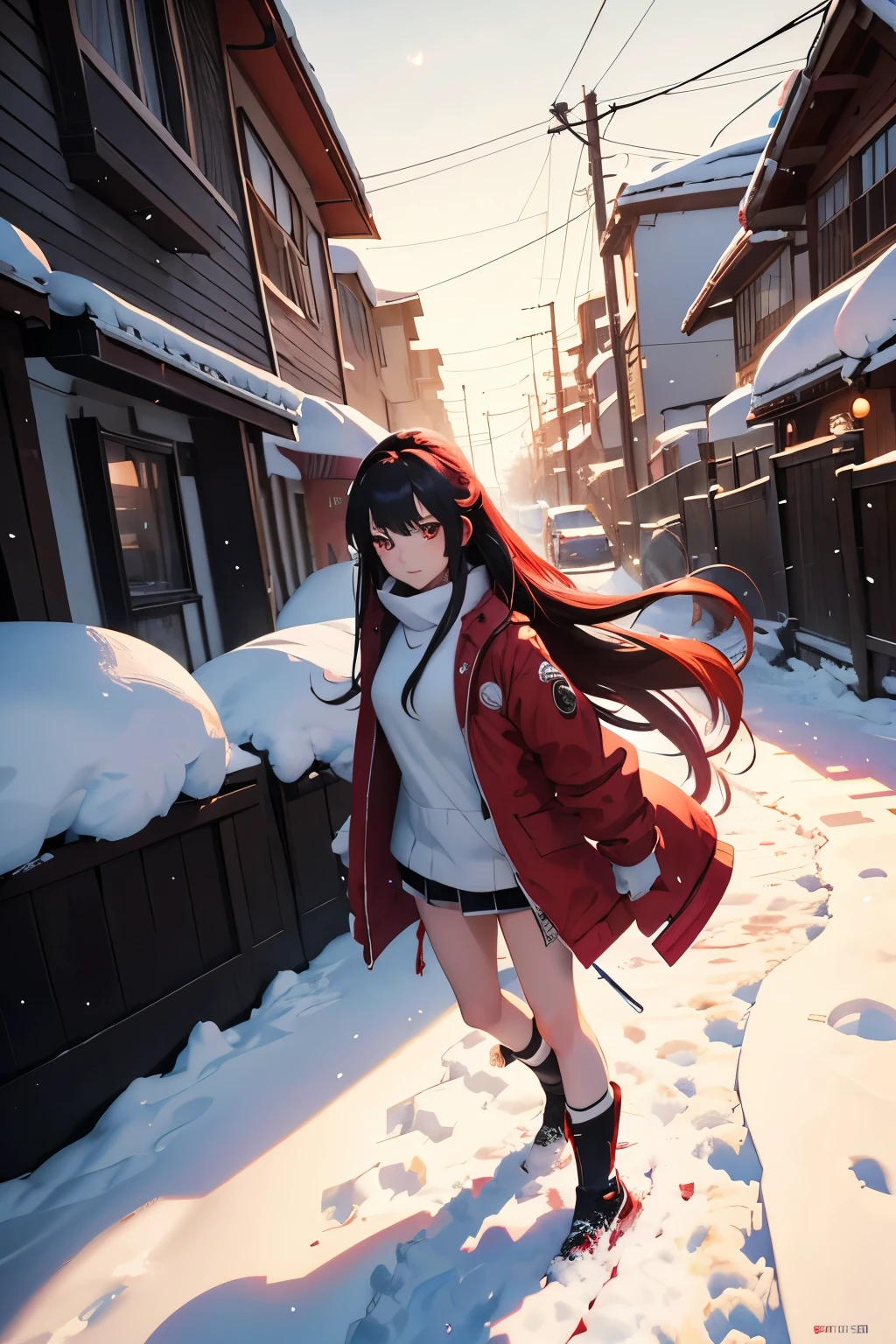 anime girl with long hair and a red jacket in the snow, artwork in the style of guweiz, anime style 4 k, 4k anime wallpaper, anime art wallpaper 8 k, anime art wallpaper 4 k, anime art wallpaper 4k, badass anime 8 k, anime wallpaper 4 k, anime wallpaper 4k, detailed digital anime art