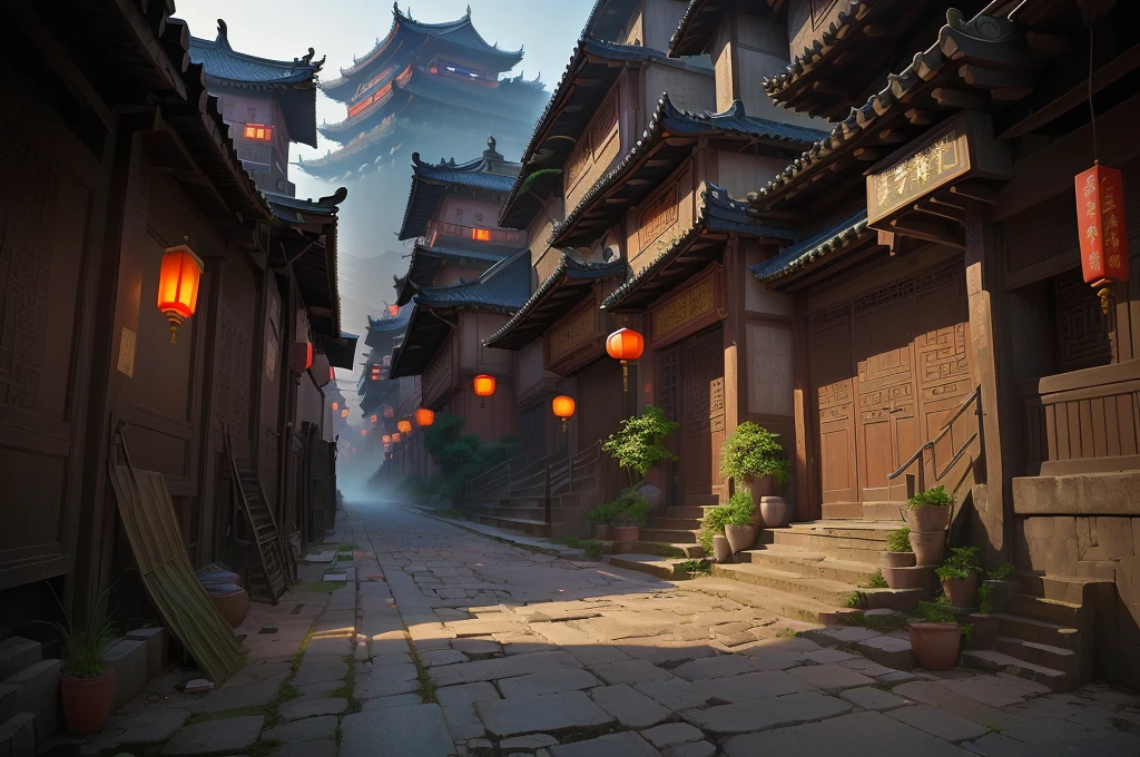 there is a narrow street，There are many buildings and plants, Dream China Town, china village, andreas rocha style, Cyberpunk ancient Chinese castle, Beautiful rendering of the Tang Dynasty, ancient city landscape, The ancient city streets behind her, author：Victor Wang, old asian village, Inspired by Zhang Sengyao, Pan Chengwei on artstation, In an ancient city , ((low angle shot 1.7)) ((Camera lens close to the ground to shoot 1.8))