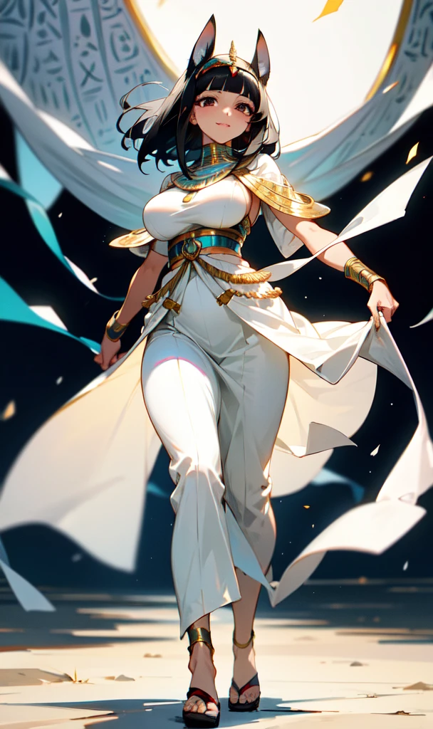 Older woman with big breasts wearing a white Egyptian outfit standing with a slight smile, walking with clear silver eyes and short white and black hair,アニメ