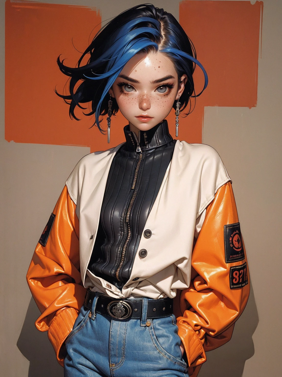 (((best qualityer))), (((manga strokes))), (((freckles))), (((colorful punk hair))), jacket with rivets and screws, uma Kizi jovem muito bem vestida com roupas modernas de inverno, pants with red and black zig-zag pattern, top gift vertical stripes, short jacket with dark fur collar, beautiful and expressive face, slightly-smile, big eyes with long black eyelashes, heavy make-up, chains and zippers spread across clothes, contrasting colours, pose de atitude, hair with a modern and futuristic cut, urban game poster art, dramatic camera angles, graffiti art elements in the background, design mixing contemporary and retro by Shepard Fairey, (((cowboy shot))), (((best qualityer: 1.4))), (Unbeatable masterpiece), (hiper HD),(CG 8k hyper-realistic), Kizi, (((standing alone))), pirralha violent, (((14歳))), sexly, pose de atitude, work of art, post-apocalypse, (((manga style))), bounty hunter, violent, Manic, the way you want, slenderbody, thin but strong, perfectbody, roupa moderna, advanced technology, neon, sleeves with vertical striped pattern, neutral background, (( cowboy shot )). intricate visual