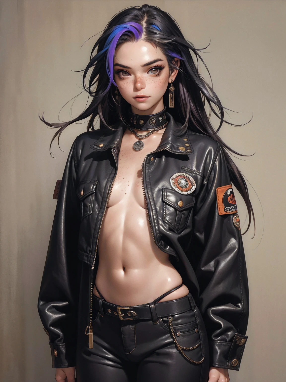 ((Upper body ))、(Magazine Cover:1.1)、Ulzzang-6500、(Realistic:1.3)、(original:1.2)、masterpiece、highest quality、Beautiful pretty face、Whole Body Ezbian、1 Female、(Wear headphones with complex electronics)、Wearing a black techwear jacket and navy blue pants with buckles and tape、(Crystal Necklace)、Pose for a photo、Remains、Pylon