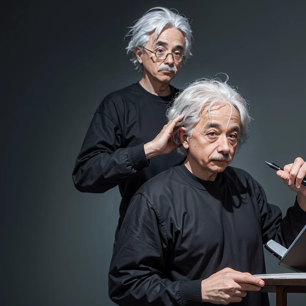 Albert Einstein writing (fools on their blackboard) and wears a shirt with the image of Elon Musk with "equations of reality"
