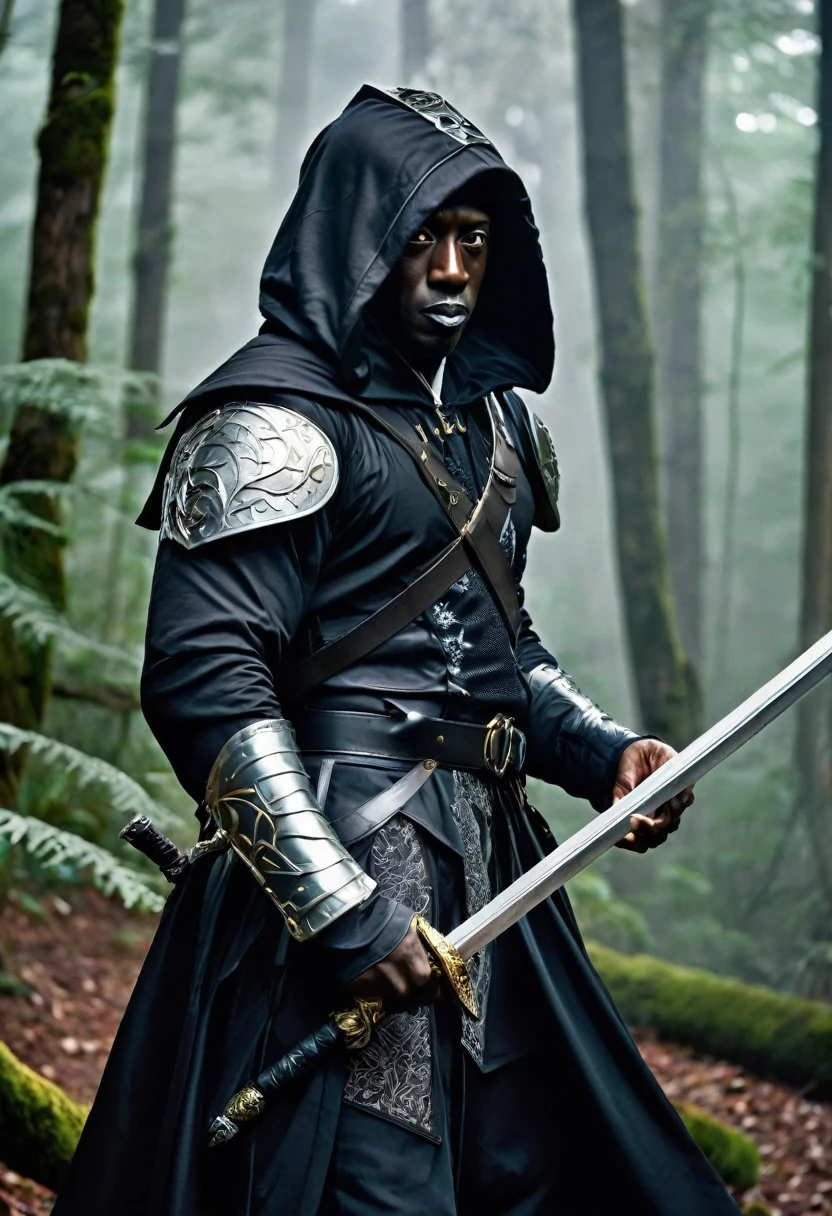 do Wesley Snipes, wearing dark clothes and a hood, appears in a combat pose. He carries two swords on his back, one silver and one steel, typical of Cat School wizards. His costume is detailed with feline symbols and ornaments., and he wears light armor, designed for agility and stealth. The background is a dark forest., with a mysterious and magical atmosphere, full of tall trees and dense mists. Wesley Snipes' expression is serious and determined, with piercing eyes, reflecting the intensity and experience of a veteran wizard