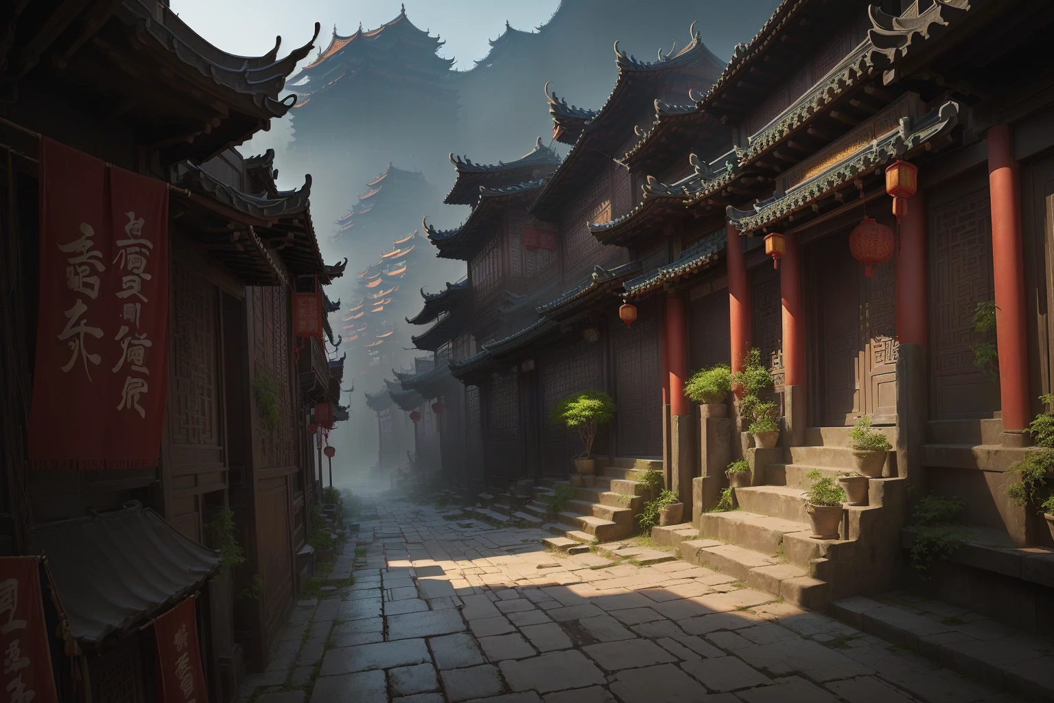 there is a narrow street，There are many buildings and plants, Dream China Town, china village, andreas rocha style, Cyberpunk ancient Chinese castle, Beautiful rendering of the Tang Dynasty, ancient city landscape, The ancient city streets behind her, author：Victor Wang, old asian village, Inspired by Zhang Sengyao, Pan Chengwei on artstation, In an ancient city , ((low angle shot 1.7)) ((Camera lens close to the ground to shoot 1.8))