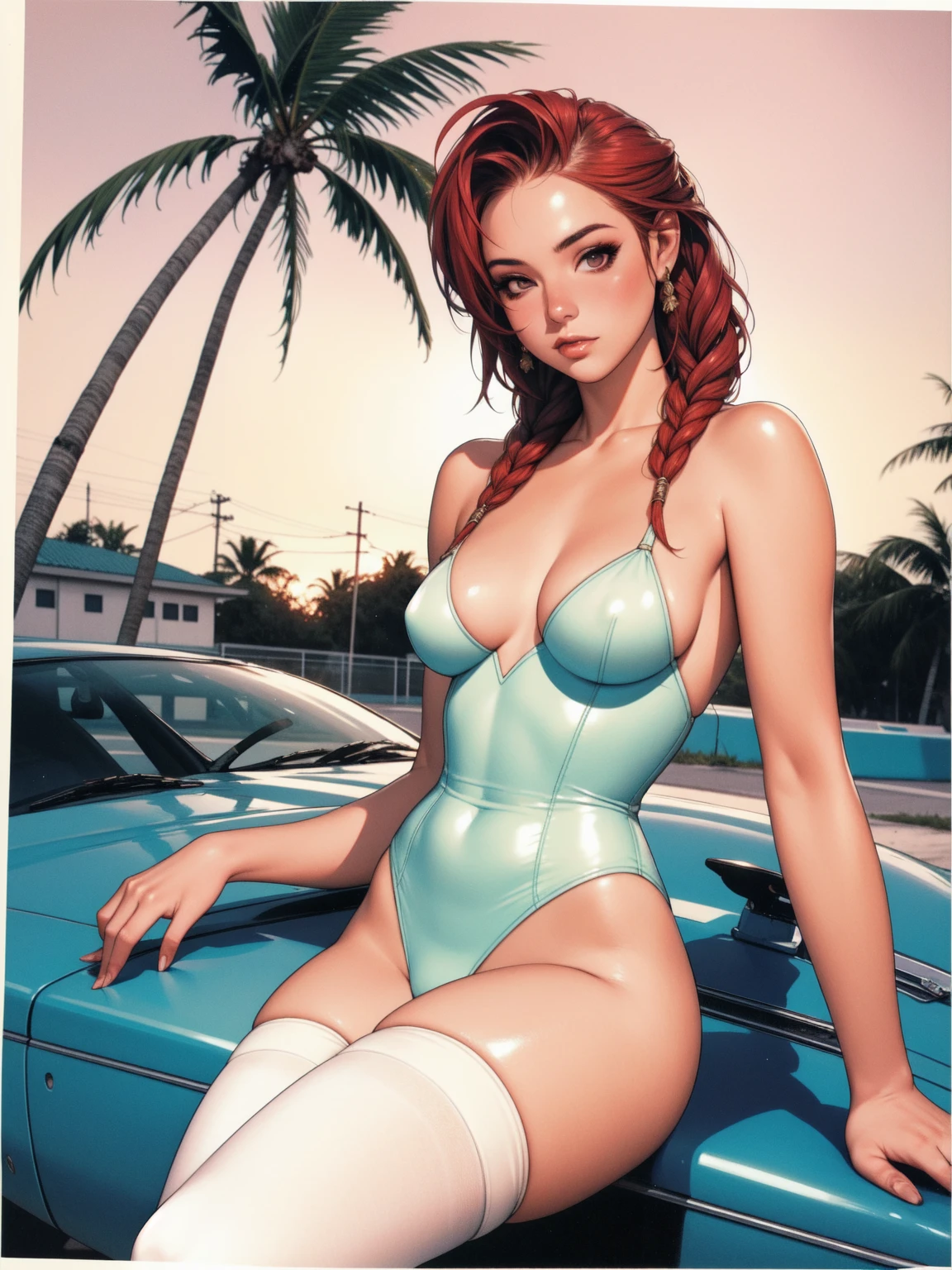 (work of art, best qualityer), absurdists, retro, miami, sunset, ferrari, palm tree, 90's, Red hair, braids, white thigh highs, that's why, short jacket, high-waist, waist belt, latex shorts, bloated camel, background red,