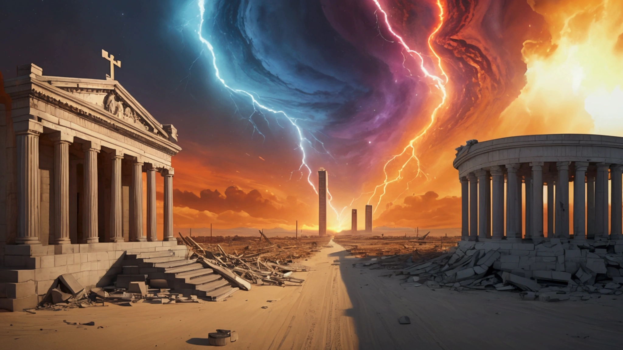 "Description: Create a dramatic scene depicting the convergence of various biblical signs of the end times, illustrating the collective urgency and significance of these events.
Details: Use a color palette with deep, dramatic tones like dark blues, purples, and fiery reds to convey a sense of urgency and intensity. Include elements such as:
Collage of Signs: Create a composite image showing key signs such as natural disasters, wars, moral decay, and the rise of global governance. Arrange these elements in a way that they appear interconnected and overlapping.
Clock or Countdown: Incorporate a clock or countdown timer to emphasize the urgency and the notion that time is running out.
Biblical Texts: Add excerpts from relevant biblical passages or prophetic texts in the background to ground the visuals in scripture.
Highlight the compelling nature of these signs and the need for reflection and preparedness."