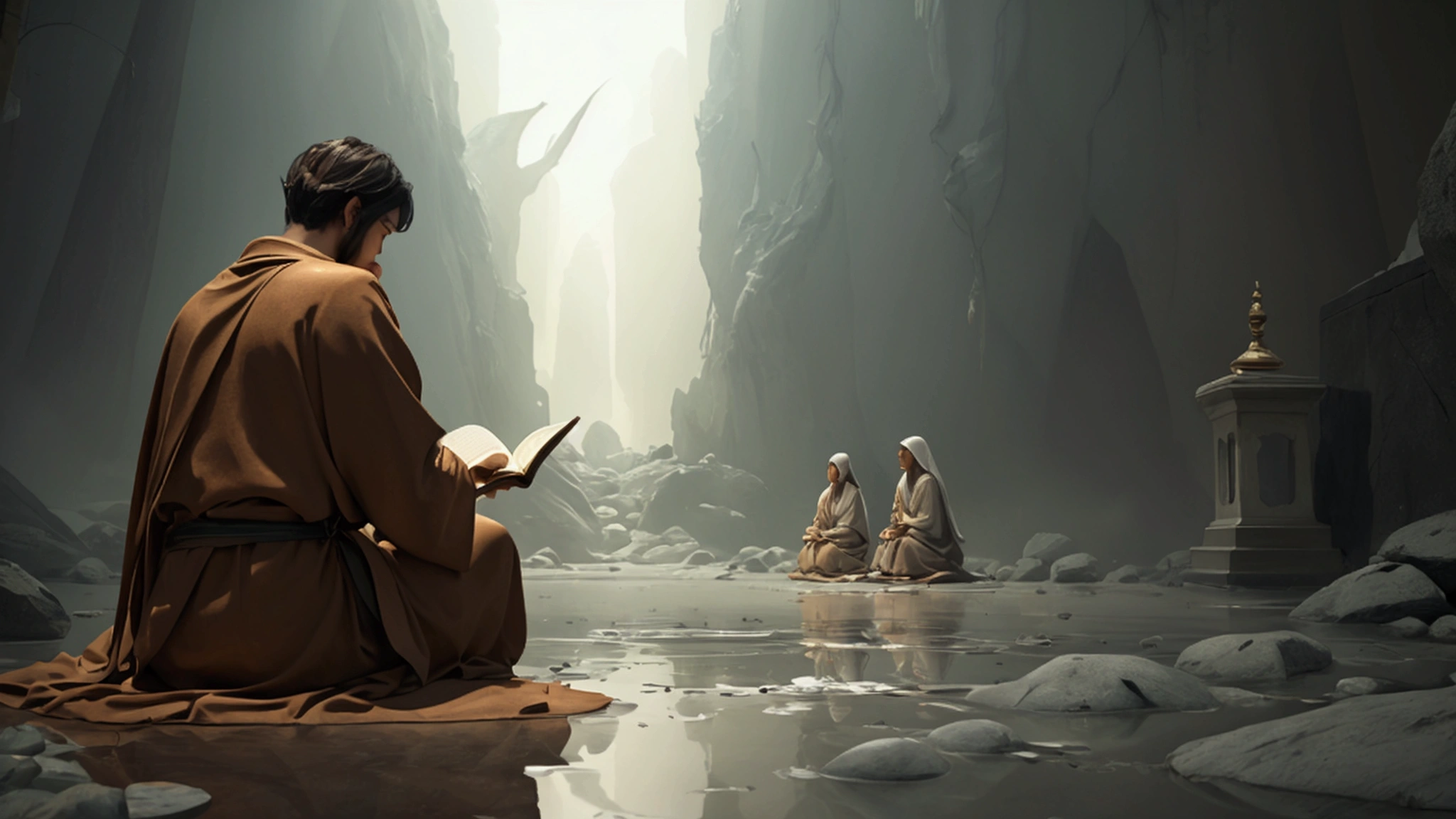 "description: Illustrate a contemplative scene where individuals are reflecting on the biblical signs of the end times, inspired by the need for vigilance and preparedness.
Details: Use a color palette with serene yet somber tones like muted grays, soft blues, and warm earth colors to evoke contemplation. Include elements such as:
Reflective Figures: Show individuals or groups engaged in prayer, meditation, or reading the Bible. They should appear thoughtful and introspective.
Visual Signs: Integrate subtle imagery of the biblical signs in the background, such as natural disasters or moral decay, to provide context without overwhelming the scene.
Light and Shadow: Use lighting effects to create a contrast between areas of light, symbolizing hope and spiritual insight, and shadows, representing the urgency and seriousness of the warnings.
Focus on the internal response to the signs and the call for personal reflection and preparedness."