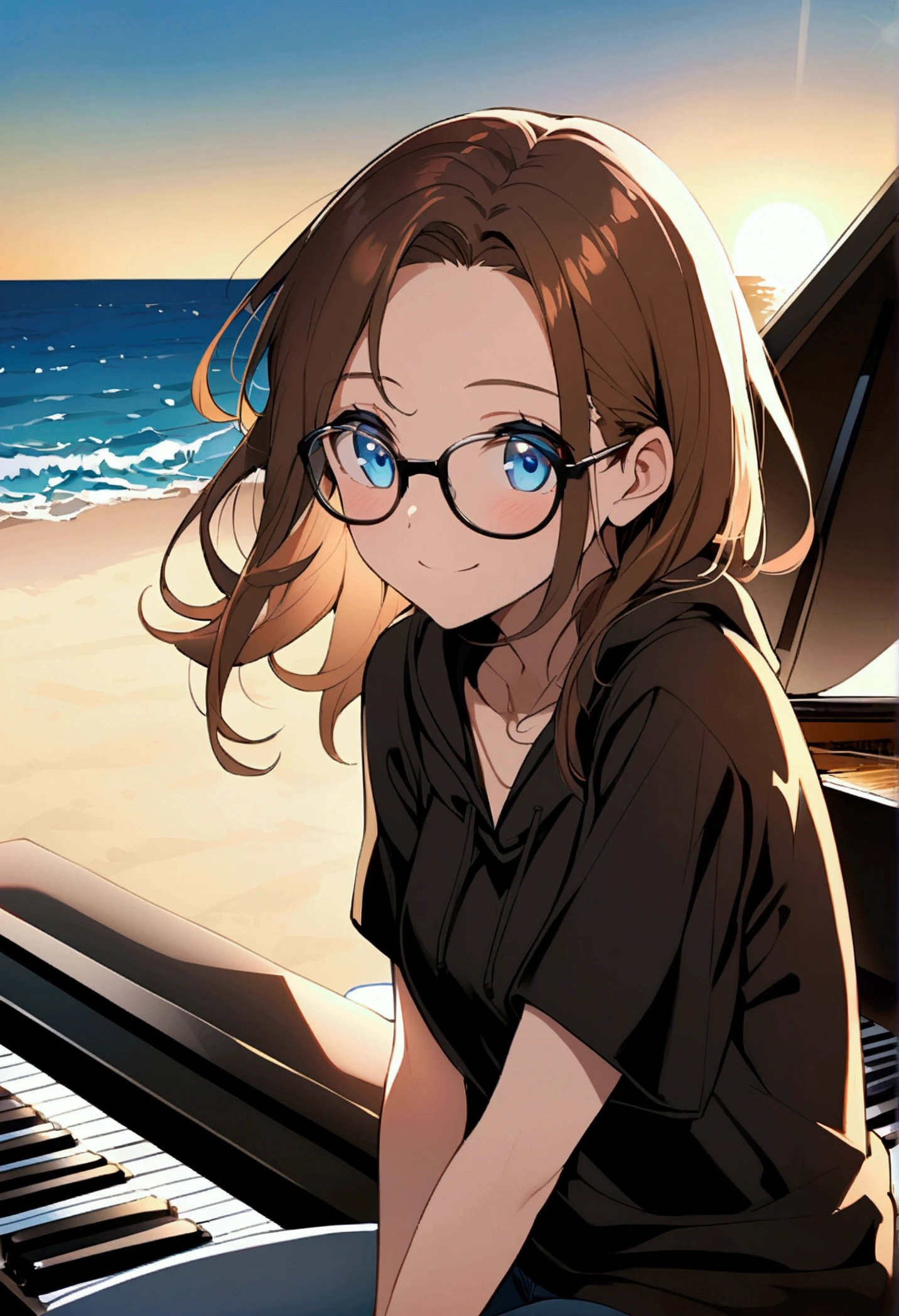 Alone, one person, anime woman (shoulder-length brown hair, blue eyes, black hoodie, jeans, dark-rimmed glasses, clear forehead, smiling) plays sitting on a beautiful black piano. Summer. Sun ist shining. Ocean in the background.