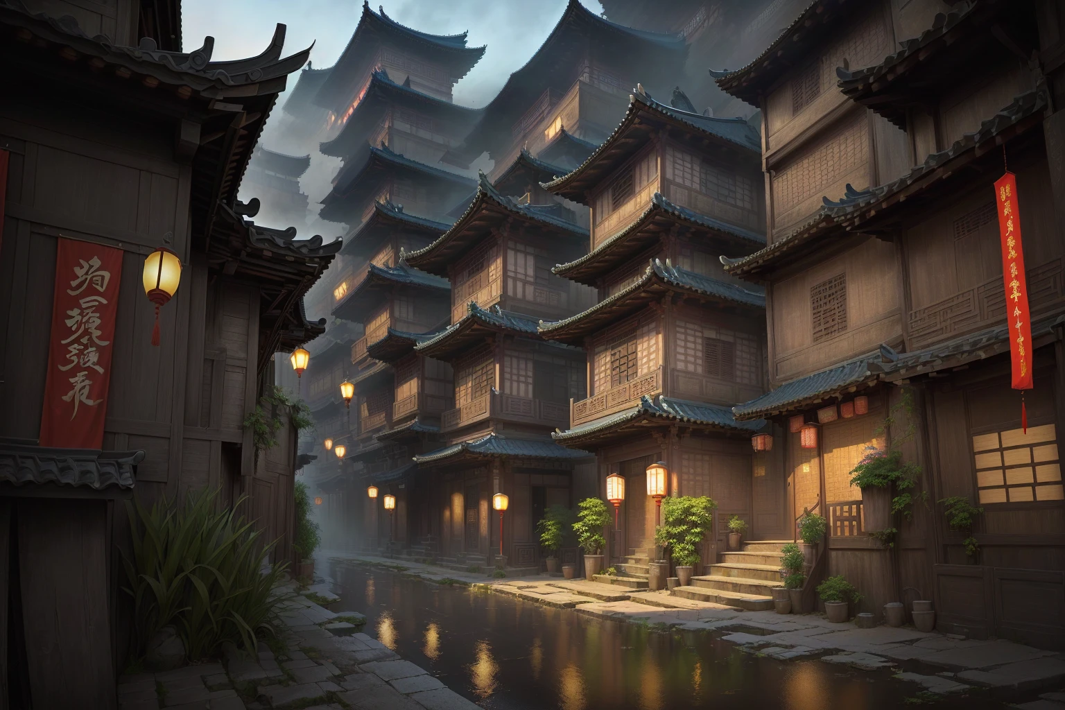 there is a narrow street,There are many buildings and plants, Dream China Town, china village, andreas rocha style, Cyberpunk ancient Chinese castle, Beautiful rendering of the Tang Dynasty, ancient city landscape, The ancient city streets behind her, author:Victor Wang, old asian village, Inspired by Zhang Sengyao, Pan Chengwei on artstation, In an ancient city , ((low angle shot 1.7)) ((Camera lens close to the ground to shoot 1.8))