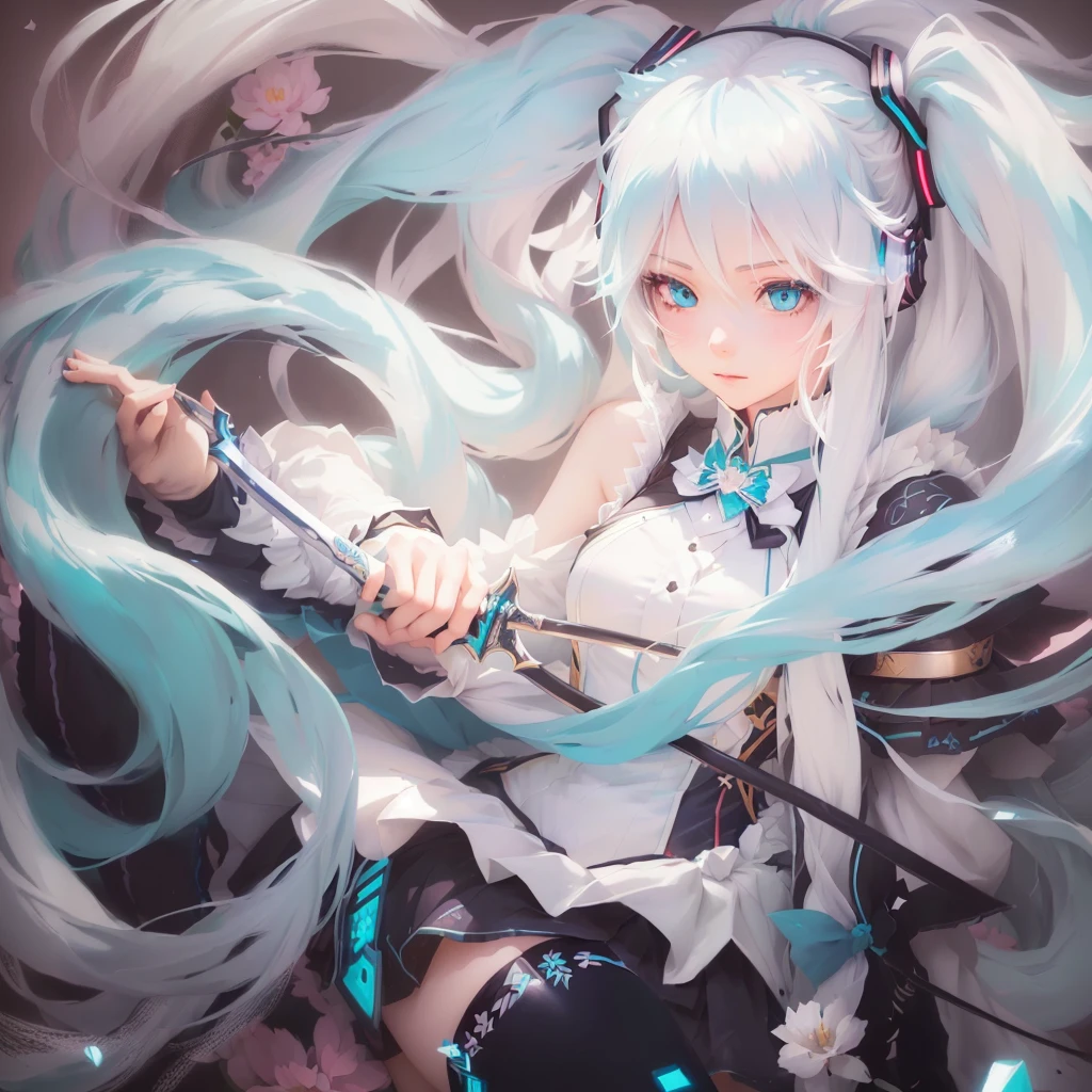 Anime girl with long white hair and blue eyes holding a sword, hatsune Miku portrait, portrait of hatsune Miku, by Kamaguruka, Mikudayo, hatsune Miku, Zerochan Art, by Shimo, trending on artstation Pixiv, Miku, digital art on Pixiv, Pixiv, Pixiv contest winner, HD artwork