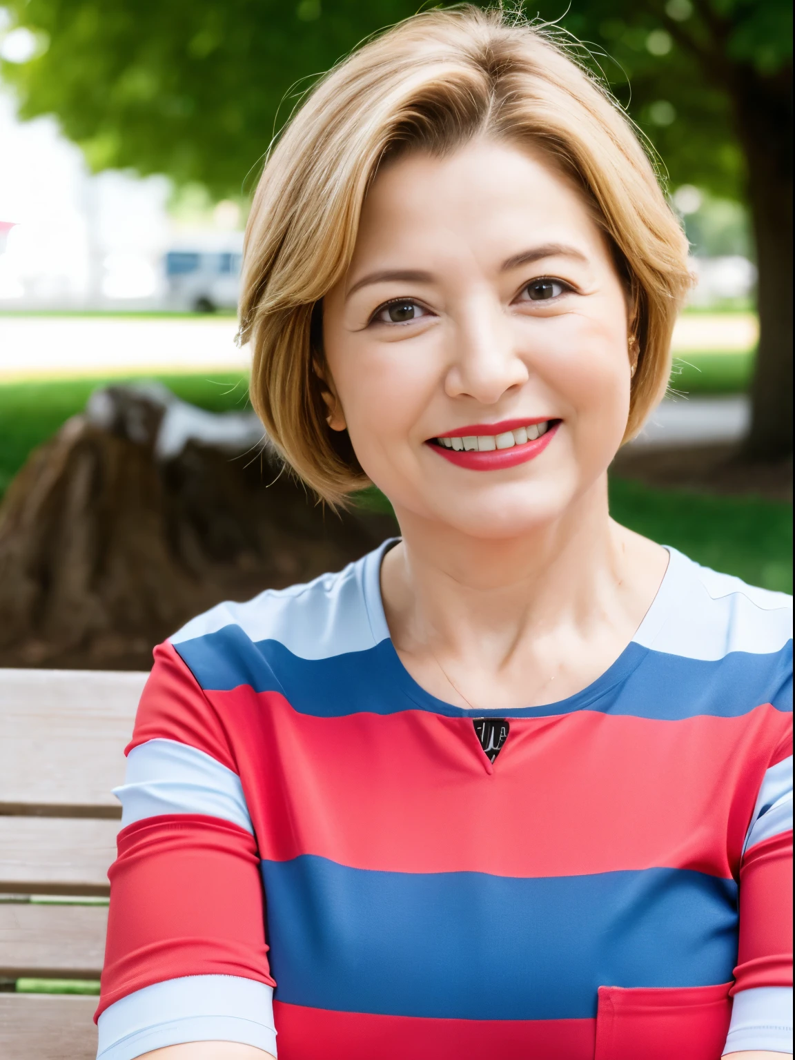 sitting on a park bench, Wrinkles around the eyes, Smiling with teeth showing, Plain short-sleeved clothing, senior citizen, Draw lips correctly, Red lipstick, No discomfort, 16K, Highest quality, Very detailed, Realistic, Very detailed肌, , alone, 60 years old, Large Breasts, , Glamour, sexy, , Staring straight ahead,