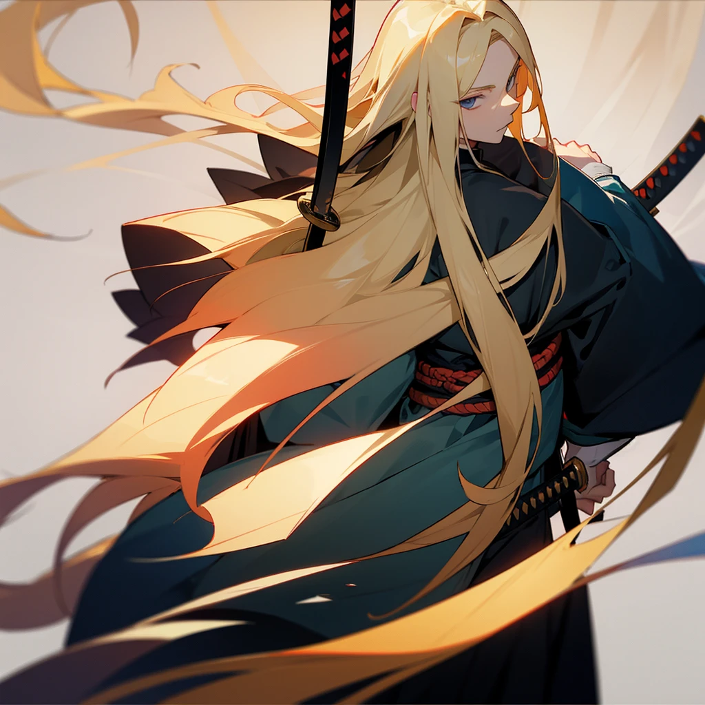 Boy Long blonde hair, with a black haori, and a katana in his back.