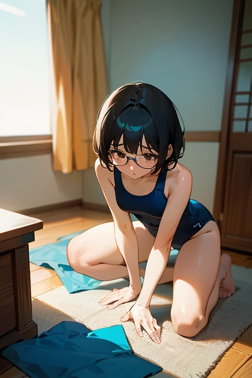shy girl, black hair, short hair, brown eyes, blue swimsuit, the girl is picking up her glasses from the floor that she dropped, the girl is in a bedroom