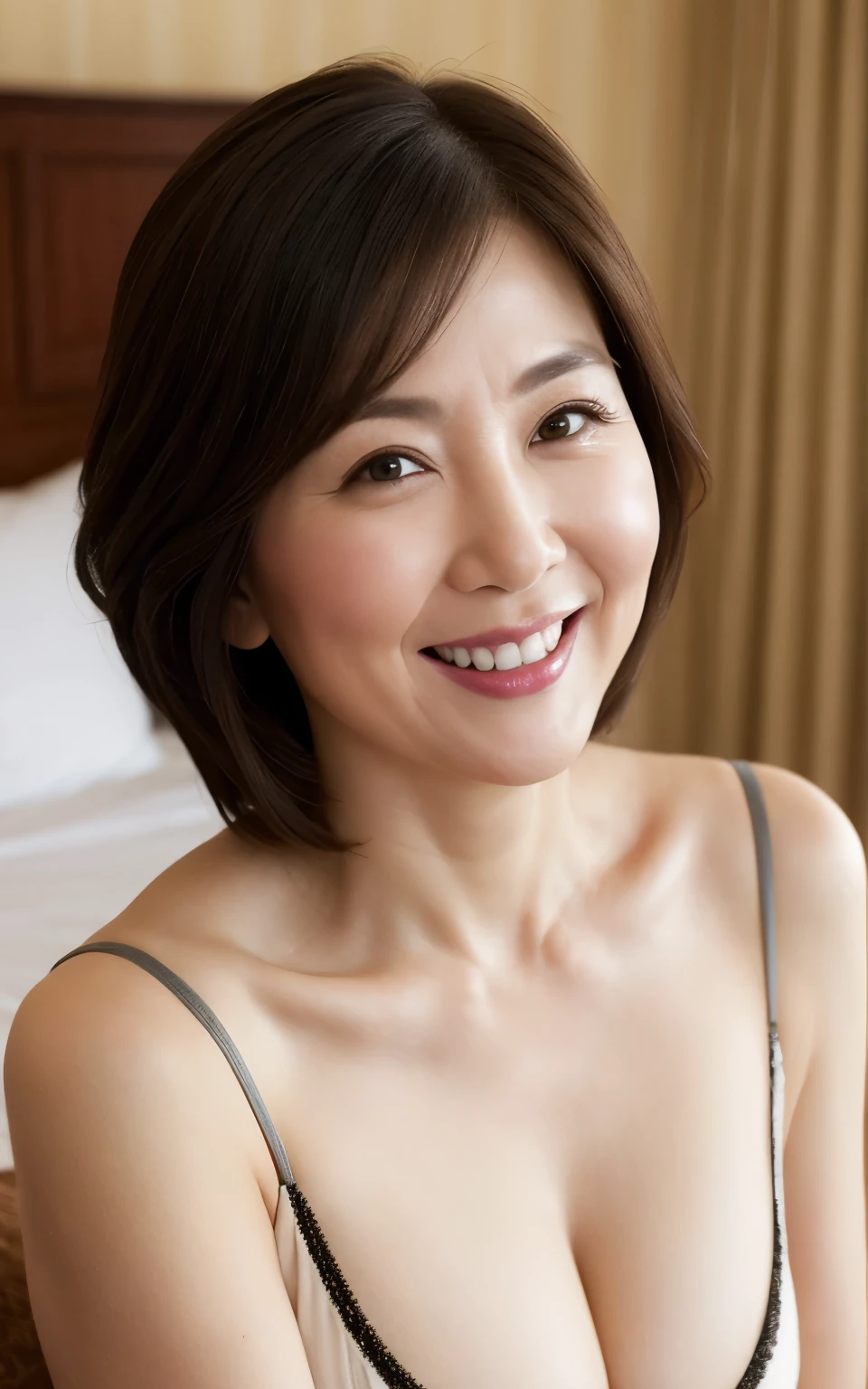 super high quality, Background Blur, In a hotel room, gravure, I'm sticking out my, 65 years old, ，Fat belly，Very plump, From the chest up, masterpiece, Highest quality, Very detailed, Realistic, Ultra-dense skin, Perfect Anatomy, Plump Mature Woman, Wrinkles around the eyes, , Big Breasts, In underwear, A shy toothy smile, Chubby, Glamour, sexy, Pure white skin, Looking at the audience,