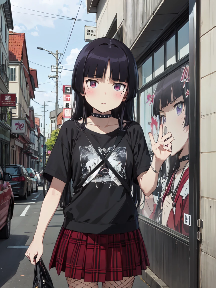  (ruri gokou), girl, alone, Hime cut, Mole under eye, Red eyes, middle ages, punk, Punk Fashion, (Red tartan check skirt), Fishnet tights, black t-shirts, spiked choker, Black eyeshadow, Black Lips, masterpiece, Urban Scene、Background of the cityscape、Graffiti wall
