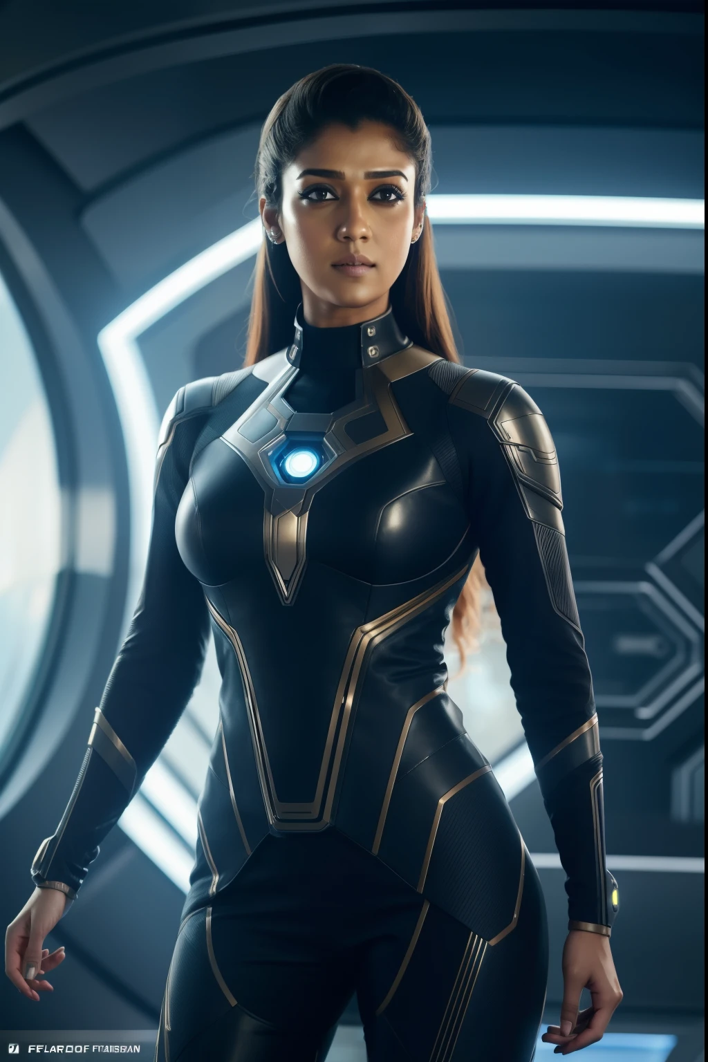 cinematic upper body up to waist portrait of Nayanthara as (futuristic era woman with futuristic clothes), eyes symmetry, face symmetry, inside a futuristic house, 135mm IMAX, UHD, f10, DSLR photo, photorealistic art by midjourney and greg rutkowski, 128k, HDR, hyper realistic