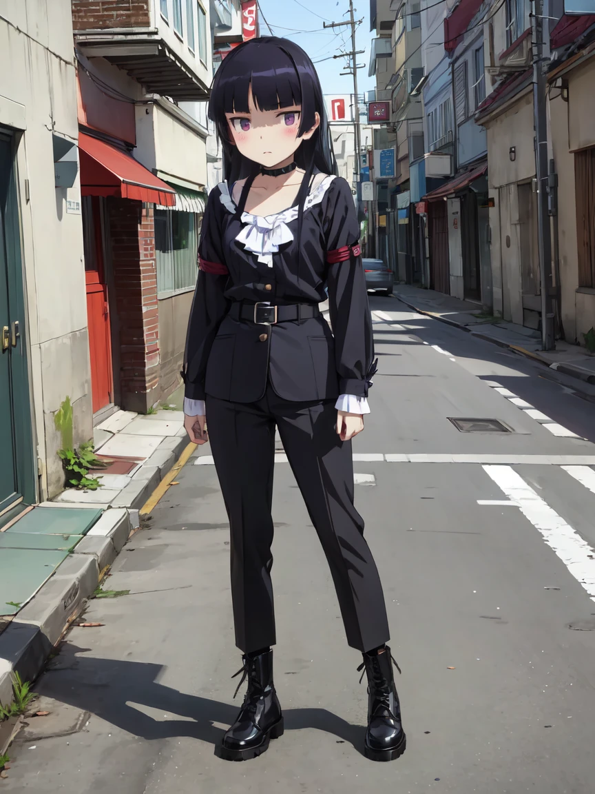((ruri gokou)), girl, alone, Hime cut, Black Hair, Mole under eye, long hair, Red eyes, punk, Punk Fashion, spiked choker, Bondage pants, Dr Martens Boots, Heavy eyeliner makeup, masterpiece, Urban Scene、Background of the cityscape、Graffiti wall