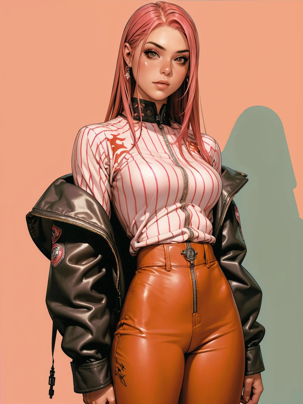 (best qualityer))), (((manga strokes))), (((pink hair with red highlights))), (((baggy pants with bone print))), uma Kizi jovem muito bem vestida com roupas modernas de inverno, pants with military camouflage pattern, top gift vertical stripes, short jacket with dark fur collar, beautiful and expressive face, slightly-smile, big eyes with long black eyelashes, heavy make-up, chains and zippers spread across clothes, contrasting colours, pose de atitude, hair with a modern and futuristic cut, urban game poster art, dramatic camera angles, graffiti art elements in the background, design mixing contemporary and retro by Shepard Fairey, (((cowboy shot))), (((best qualityer: 1.4))), (Unbeatable masterpiece), (hiper HD),(CG 8k hyper-realistic), Kizi, (((standing alone))), pirralha violent, (((14歳))), sexly, pose de atitude, work of art, post-apocalypse, (((manga style))), bounty hunter, violent, Manic, the way you want, slenderbody, thin but strong, perfectbody, roupa moderna, advanced technology, neon, sleeves with vertical striped pattern, neutral background, (( cowboy shot )). intricate visual