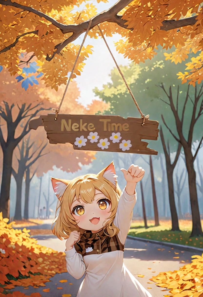 cat girl, chibi, in a brown checkered coat, a lot of decorations, Golden hair, Golden eyes, reaches for the sign, which hangs on a tree, autumn tree, rendering, anime фоновое искусство, Pixiv competition winner, Anime girl with cat ears cute!! chibi!!! cat girl, милый anime cat girl, with index finger, Nekomimi, anime cat girl!, cat girl, chemonomics, Run, furry фураффинность, masterpiece, top quality, Best quality, official art, beautiful and aesthetically pleasing:1.2), 2d, (Best quality, masterpiece), anime, (very detailed face), (very detailed eyes), Background park, there's a fountain in the background, perfect lighting, (very detailed coat), (very detailed decoration)