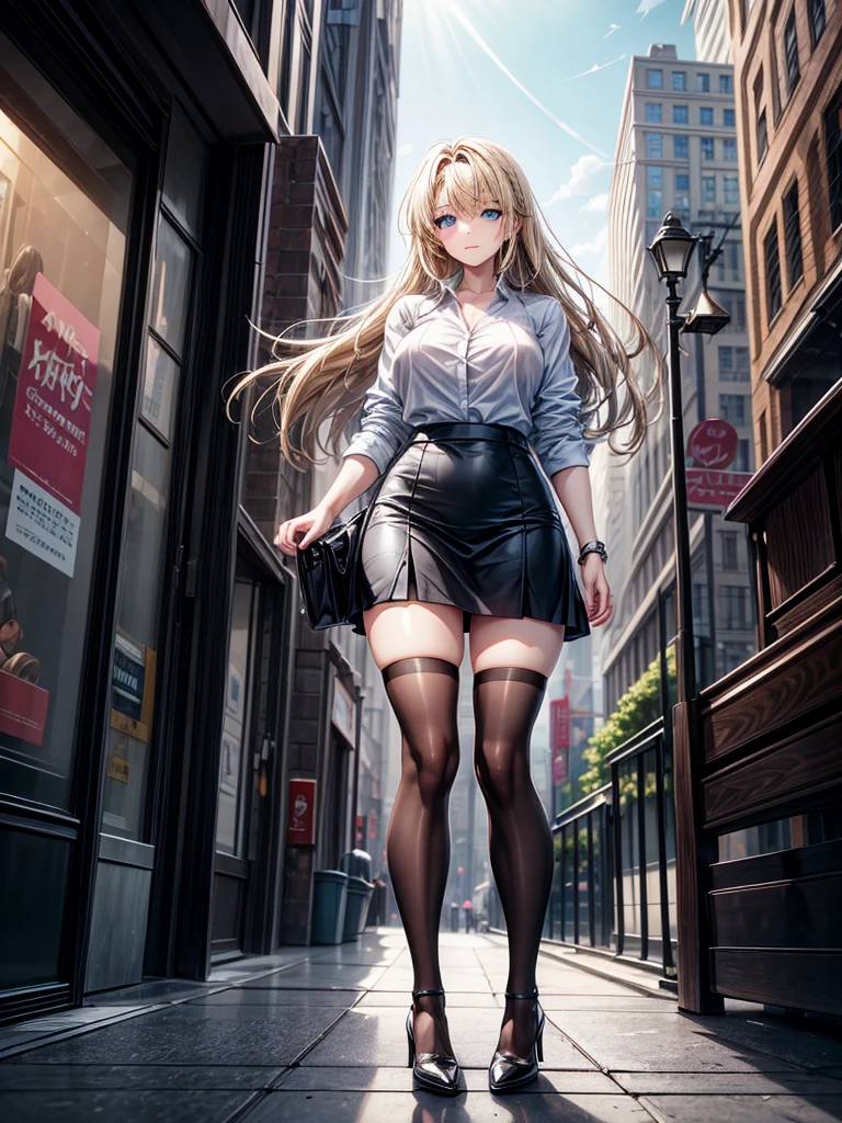 ((High resolution)), ((Lighting and color)), ((masterpiece)), ((Blue eyes)), Young woman with blue eyes., Straight blonde hair, The wind blew it away and it got a little messy., Standing lightly on a bustling city street. She wears a loose-fitting white business shirt that accentuates her natural elegance.。.., Pair with a black tight skirt for a business look。.. She is in a delicate pose, A cute, sparkling smile, A loving smile, tilt your body slightly. Modern skyscrapers are mixed in the background.., Quaint café, Bustling pedestrians. The soft sunlight gently illuminates your face.., In the hustle and bustle of the city、Give off a warm glow、Emphasize your presence。."
