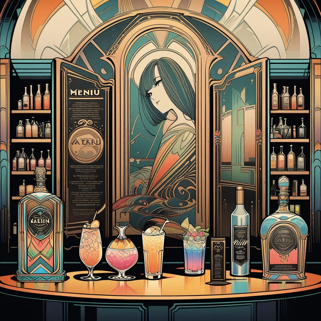 art deco, frames, centered frame, vintage, bar, drinks, menu, menu board of drinks, fantastical drinks, shelf of drinks,  focus on drinks, art deco poster, high quality, at, masterpiece, detailed, line art, straight lines, clear art, no people, art deco style, colorful,