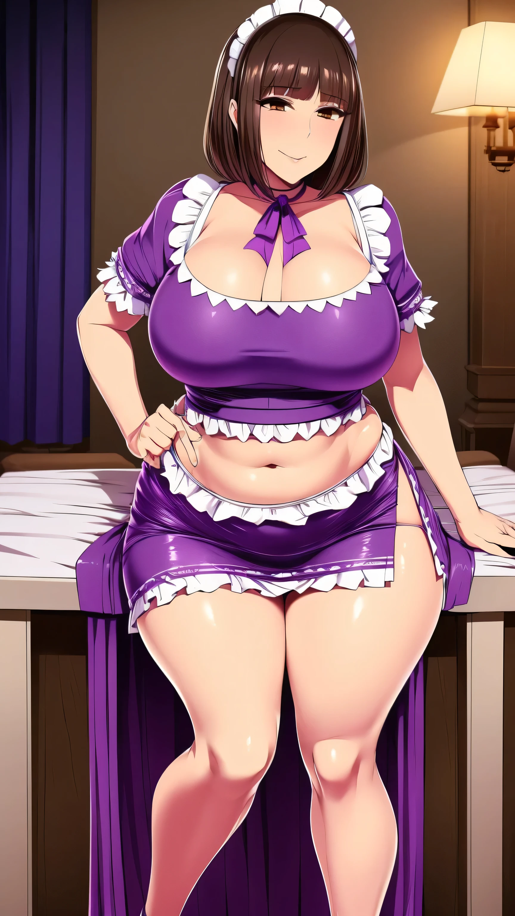  An older woman mature beautiful beautiful sexy cute attractive big dark brown hair messy cut her light yellow eye big eyelashes dressed purple maid top shows her navel and dresses purple maid skirt metallic long white heel