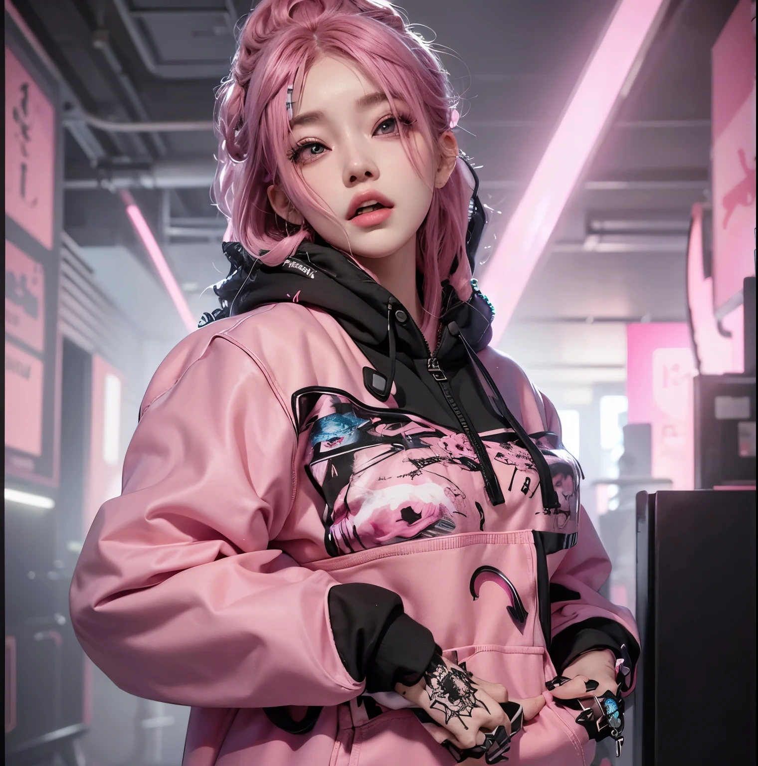 aVATAR SECOND LIFE Korean girl wearing black hoodie, pink hair, pink hair, pink hair, Asian, Perfect and detailed face, imvu, maximalist details, AVATAR SECOND LIFE Korean blusa , neon