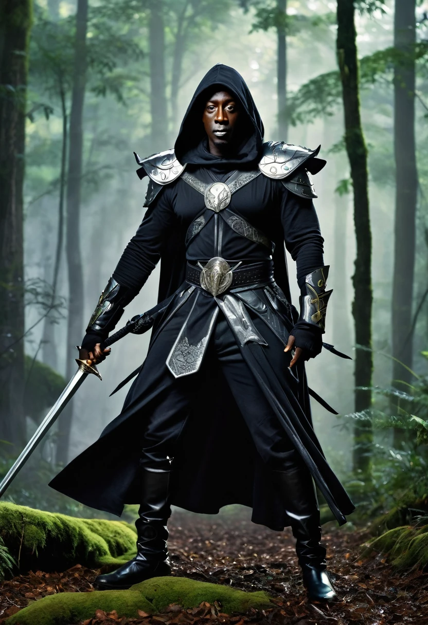 do Wesley Snipes, wearing dark clothes and a hood, appears in a combat pose. He carries two swords on his back, one silver and one steel, typical of Cat School wizards. His costume is detailed with feline symbols and ornaments., and he wears light armor, designed for agility and stealth. The background is a dark forest., with a mysterious and magical atmosphere, full of tall trees and dense mists. Wesley Snipes&#39; expression is serious and determined, with piercing eyes, reflecting the intensity and experience of a veteran wizard