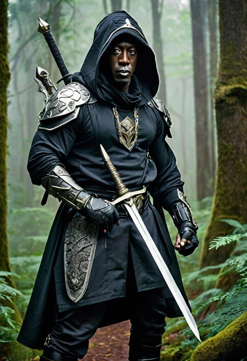 do Wesley Snipes, wearing dark clothes and a hood, appears in a combat pose. He carries two swords on his back, one silver and one steel, typical of Cat School wizards. His costume is detailed with feline symbols and ornaments., and he wears light armor, designed for agility and stealth. The background is a dark forest., with a mysterious and magical atmosphere, full of tall trees and dense mists. Wesley Snipes' expression is serious and determined, with piercing eyes, reflecting the intensity and experience of a veteran wizard