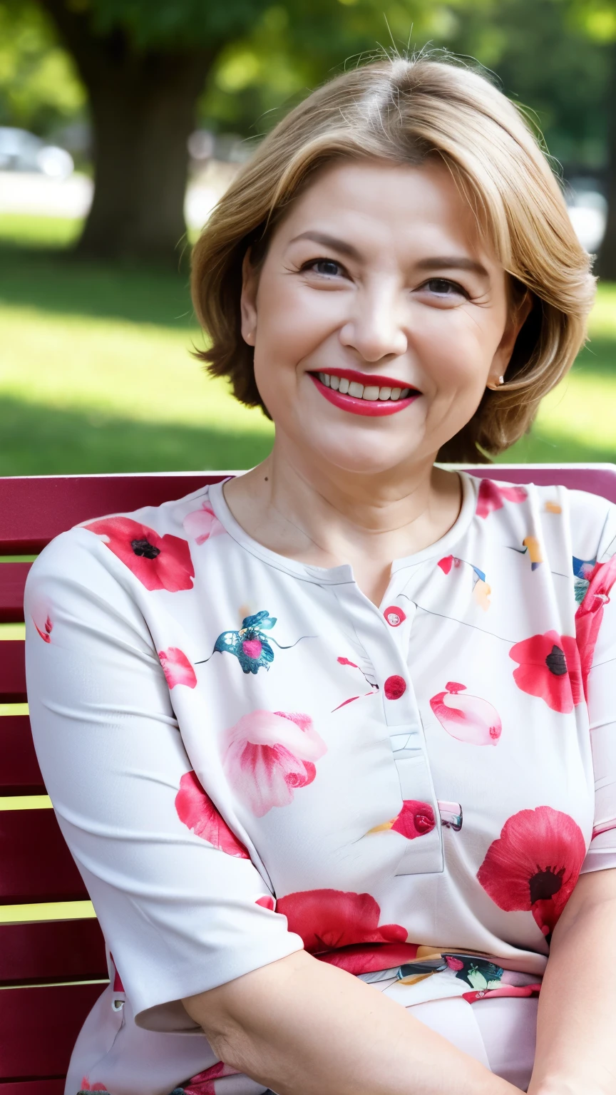 sitting on a park bench, Wrinkles around the eyes, Smiling with teeth showing, Plain short-sleeved clothing, senior citizen, Draw lips correctly, Red lipstick, No discomfort, 16K, Highest quality, Very detailed, Realistic, Very detailed肌, , alone, 60 years old, Large Breasts, , Glamour, sexy, , Staring straight ahead,