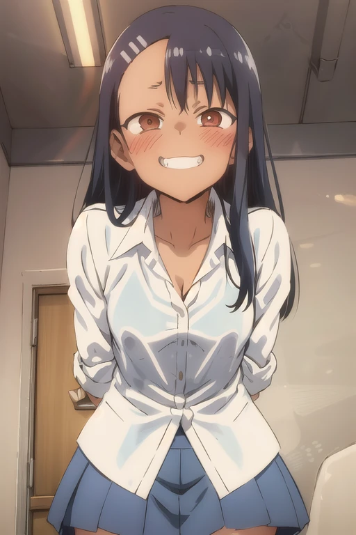 nagatoro hayase, blue skirt, cleavage, small breasts, (from below:1.2), bent over, grin, blush, best quality, masterpiece, perfect lighting, arms behind back,
