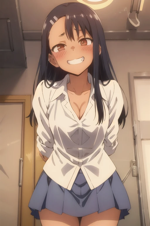 nagatoro hayase, blue skirt, cleavage, small breasts, (from below:1.2), bent over, grin, blush, best quality, masterpiece, perfect lighting, arms behind back,