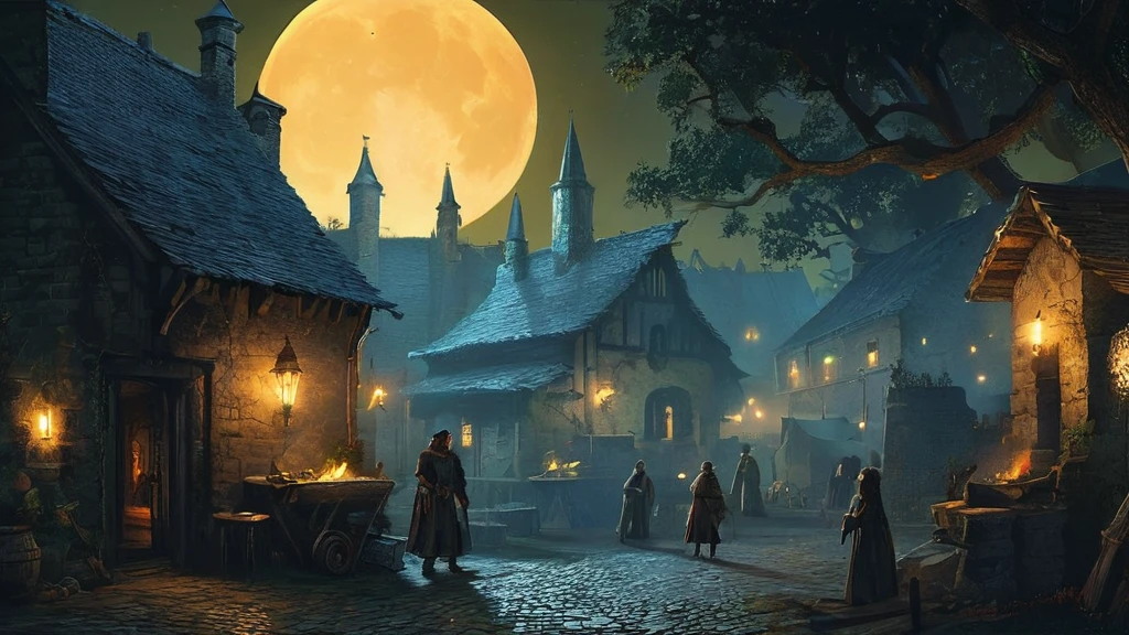 a quiet medieval city at night, enveloped in the eerie glow of a full moon. The scene features several villagers: a blacksmith working late at his forge with sparks flying, an elderly woman gathering herbs by the light of a flickering torch, and a cloaked figure slipping silently through the shadows. Nearby, a group of children whisper excitedly around a campfire, casting long, dancing shadows on the cobblestone streets. The village is surrounded by dense forest, its edge illuminated just enough to hint at the presence of mysterious creatures lurking in the darkness. Ancient stone buildings with ivy-covered walls add to the dark fantasy atmosphere."