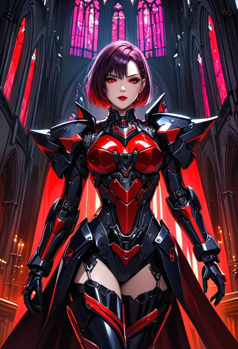 a portrait of mecha female vampire in a dark gothic cyberpunk church, an exotic exquisite beautiful mecha female vampire, dynamic hair color, short hair, dynamic eyes color, intense eyes,  glowing eyes, dynamic eyes color, wearing intricate mech armor, delicate mech armor, delicate blood veins in the armor, wearing thigh high heeled boots, dark gothic cyberpunk church background, vibrant, Ultra-high resolution, High Contrast, (masterpiece:1.5), highest quality, Best aesthetics), best details, best quality, highres, 16k, (ultra detailed: 1.5), masterpiece, best quality, (extremely detailed) RAW, (ultra details, Masterpiece, best quality), Dark Art Painting Style, nijimecha