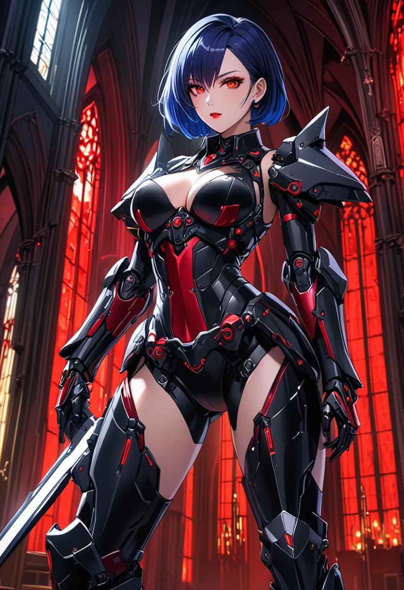a portrait of mecha female vampire in a dark gothic cyberpunk church, an exotic exquisite beautiful mecha female vampire, dynamic hair color, short hair, dynamic eyes color, intense eyes,  glowing eyes, dynamic eyes color, wearing intricate mech armor, delicate mech armor, delicate blood veins in the armor, wearing thigh high heeled boots, dark gothic cyberpunk church background, vibrant, Ultra-high resolution, High Contrast, (masterpiece:1.5), highest quality, Best aesthetics), best details, best quality, highres, 16k, (ultra detailed: 1.5), masterpiece, best quality, (extremely detailed) RAW, (ultra details, Masterpiece, best quality), Dark Art Painting Style, nijimecha