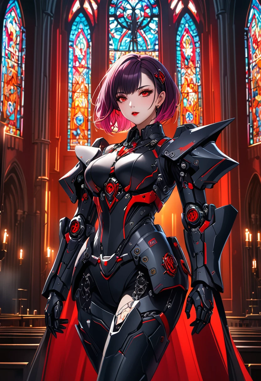a portrait of mecha female vampire in a dark gothic cyberpunk church, an exotic exquisite beautiful mecha female vampire, dynamic hair color, short hair, dynamic eyes color, intense eyes,  glowing eyes, dynamic eyes color, wearing intricate mech armor, delicate mech armor, delicate blood veins in the armor, wearing thigh high heeled boots, dark gothic cyberpunk church background, vibrant, Ultra-high resolution, High Contrast, (masterpiece:1.5), highest quality, Best aesthetics), best details, best quality, highres, 16k, (ultra detailed: 1.5), masterpiece, best quality, (extremely detailed) RAW, (ultra details, Masterpiece, best quality), Dark Art Painting Style, nijimecha