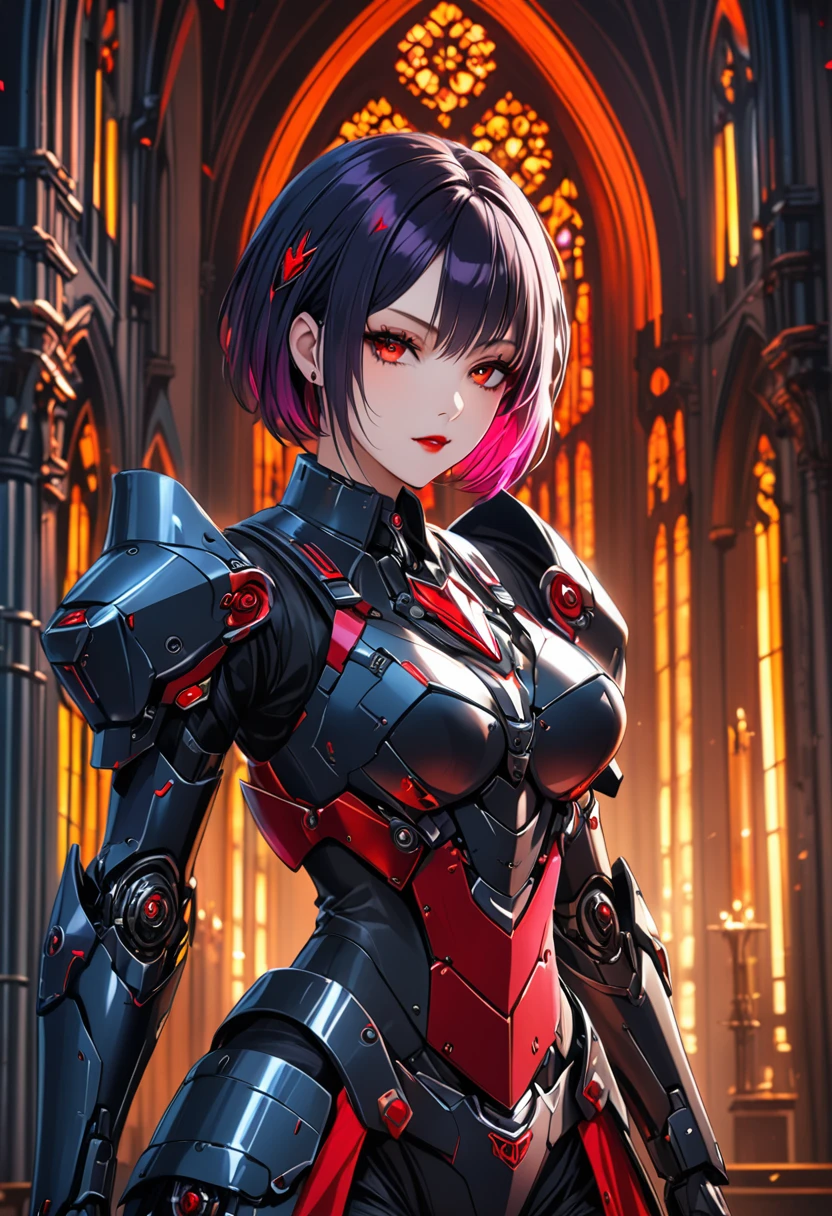 a portrait of mecha female vampire in a dark gothic cyberpunk church, an exotic exquisite beautiful mecha female vampire, dynamic hair color, short hair, dynamic eyes color, intense eyes, glowing eyes, dynamic eyes color, wearing intricate mech armor, delicate mech armor, delicate blood veins in the armor, wearing thigh high heeled boots, dark gothic cyberpunk church background, vibrant, Ultra-high resolution, High Contrast, (masterpiece:1.5), highest quality, Best aesthetics), best details, best quality, highres, 16k, (ultra detailed: 1.5), masterpiece, best quality, (extremely detailed) RAW, (ultra details, Masterpiece, best quality), Dark Art Painting Style, nijimecha