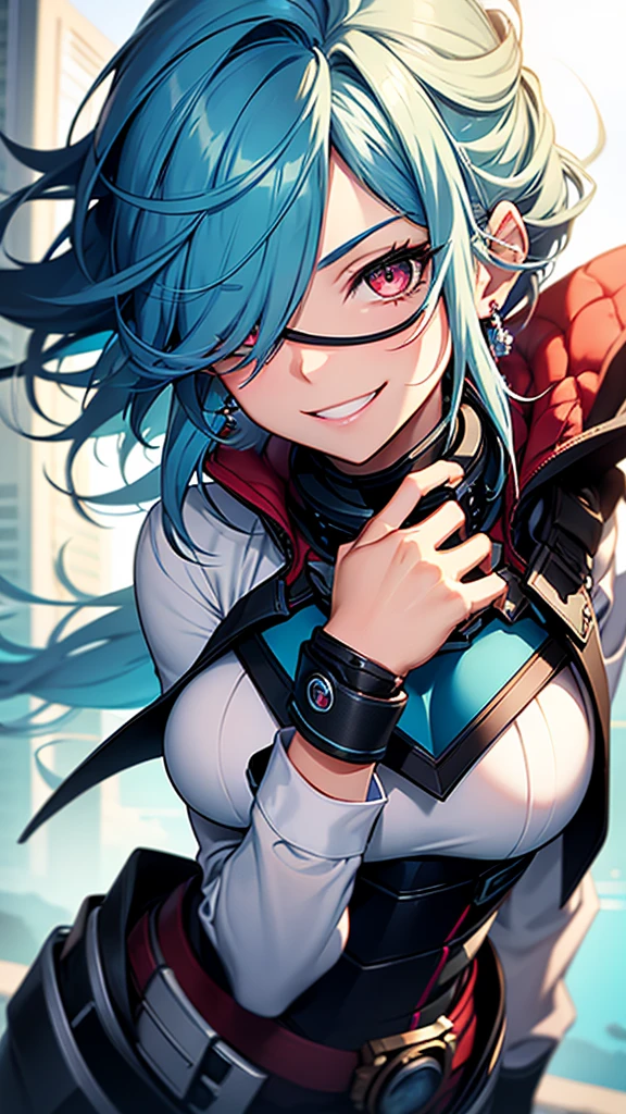 High resolution, One girl, chest, Blue Hair/Light blue hair, Cowboy Shot, Big chest, Red eyes, Big chest, Earrings, smile, smiling, 8k octane, High resolution, masterpiece, High detail, High-resolution model, high quality, Textured skin, Action Painting, Crystal Earrings, Smiling with teeth showing, One-eye eye mask,