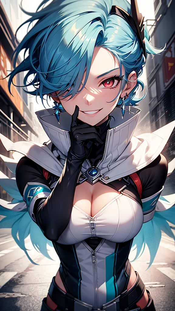 High resolution, One girl, chest, Blue Hair/Light blue hair, Cowboy Shot, Big chest, Red eyes, Big chest, Earrings, smile, smiling, 8k octane, High resolution, masterpiece, High detail, High-resolution model, high quality, Textured skin, Action Painting, Crystal Earrings, Smiling with teeth showing, One-eye eye mask,