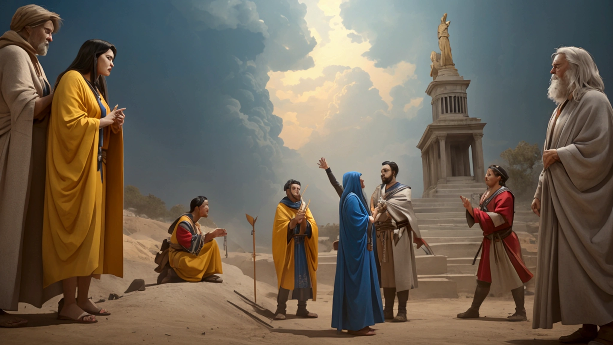 "Description: Illustrate a dramatic scene showcasing the contrasting views and debates surrounding biblical prophecies.

Details: Use contrasting colors like bold reds and deep blues to represent the tension between differing viewpoints. Include elements such as:

Debate Stage: Create a stage or platform where individuals with opposing views are presenting their interpretations. They should be engaged in a heated but respectful debate.
Audience Reactions: Show an audience of diverse individuals reacting to the debate, indicating their engagement and interest in the discussion.
Symbolic Imagery: Include symbols like a divided book or conflicting arrows to visually represent the divergence in interpretations.
Emphasize the dynamic nature of the debate and the importance of understanding different perspectives.
"