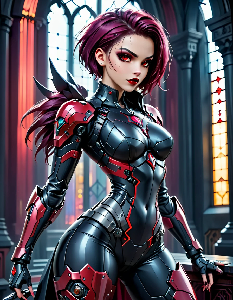 a portrait of mecha female vampire in a dark gothic cyberpunk church, an exotic exquisite beautiful mecha female vampire, dynamic hair color, short hair, dynamic eyes color, intense eyes, (vampire fangs),  glowing eyes, dynamic eyes color, wearing intricate mech armor, delicate mech armor, delicate blood veins in the armor, wearing thigh high heeled boots, dark gothic cyberpunk church background, vibrant, Ultra-high resolution, High Contrast, (masterpiece:1.5), highest quality, Best aesthetics), best details, best quality, highres, 16k, (ultra detailed: 1.5), masterpiece, best quality, (extremely detailed) RAW, (ultra details, Masterpiece, best quality), Cinematic Hollywood Film, Intense gaze, cg_darkscifi