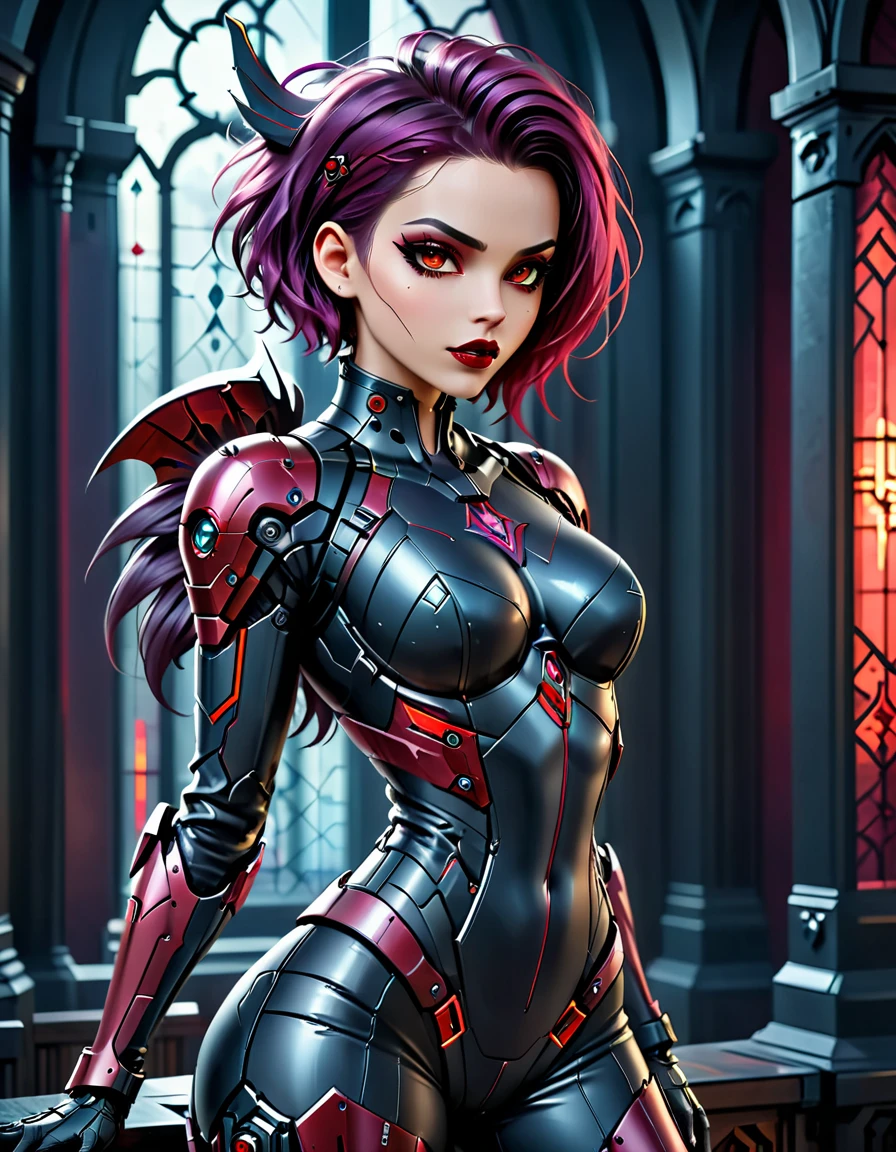 a portrait of mecha female vampire in a dark gothic cyberpunk church, an exotic exquisite beautiful mecha female vampire, dynamic hair color, short hair, dynamic eyes color, intense eyes, (vampire fangs),  glowing eyes, dynamic eyes color, wearing intricate mech armor, delicate mech armor, delicate blood veins in the armor, wearing thigh high heeled boots, dark gothic cyberpunk church background, vibrant, Ultra-high resolution, High Contrast, (masterpiece:1.5), highest quality, Best aesthetics), best details, best quality, highres, 16k, (ultra detailed: 1.5), masterpiece, best quality, (extremely detailed) RAW, (ultra details, Masterpiece, best quality), Cinematic Hollywood Film, Intense gaze, cg_darkscifi