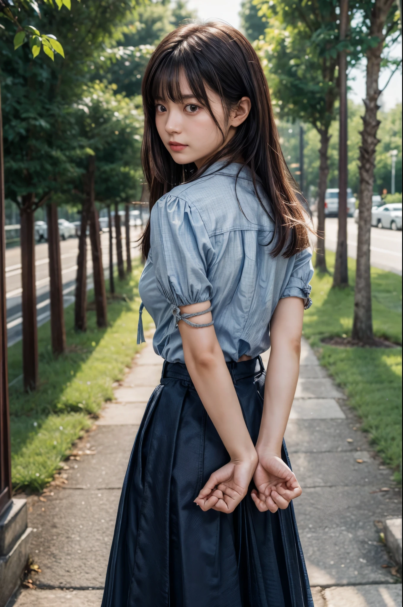The woman has her hands tied、((Put your hands behind your back))、((Place your hands together and cross them behind your back))、(((Her wrists are tied with rope)))、shibari、Beauty、20age、university student、(anatomicaly, Has two arms and two hands)、Standing on a hill at night、There are a lot of trees、Beautiful night sky、There are many stars、A strong wind is blowing、Wearing a short-sleeved blouse、Wear a long skirt、Uniform eyes、Proportioned proportionedium build、Small breasts、Small face、(I can see from head to heel), Black Hair, bangs, swept bangs, Straight hair, Nervous, Messy Hair, Floating hair, Cinema Lighting, tachi-e, First-person view, throw, From behind, F/1.2, Nikon, Cowboy Shot, Surrealism, 超High resolution, Highest quality, High resolution, 8k, Textured skin, anatomicaly正しい体,