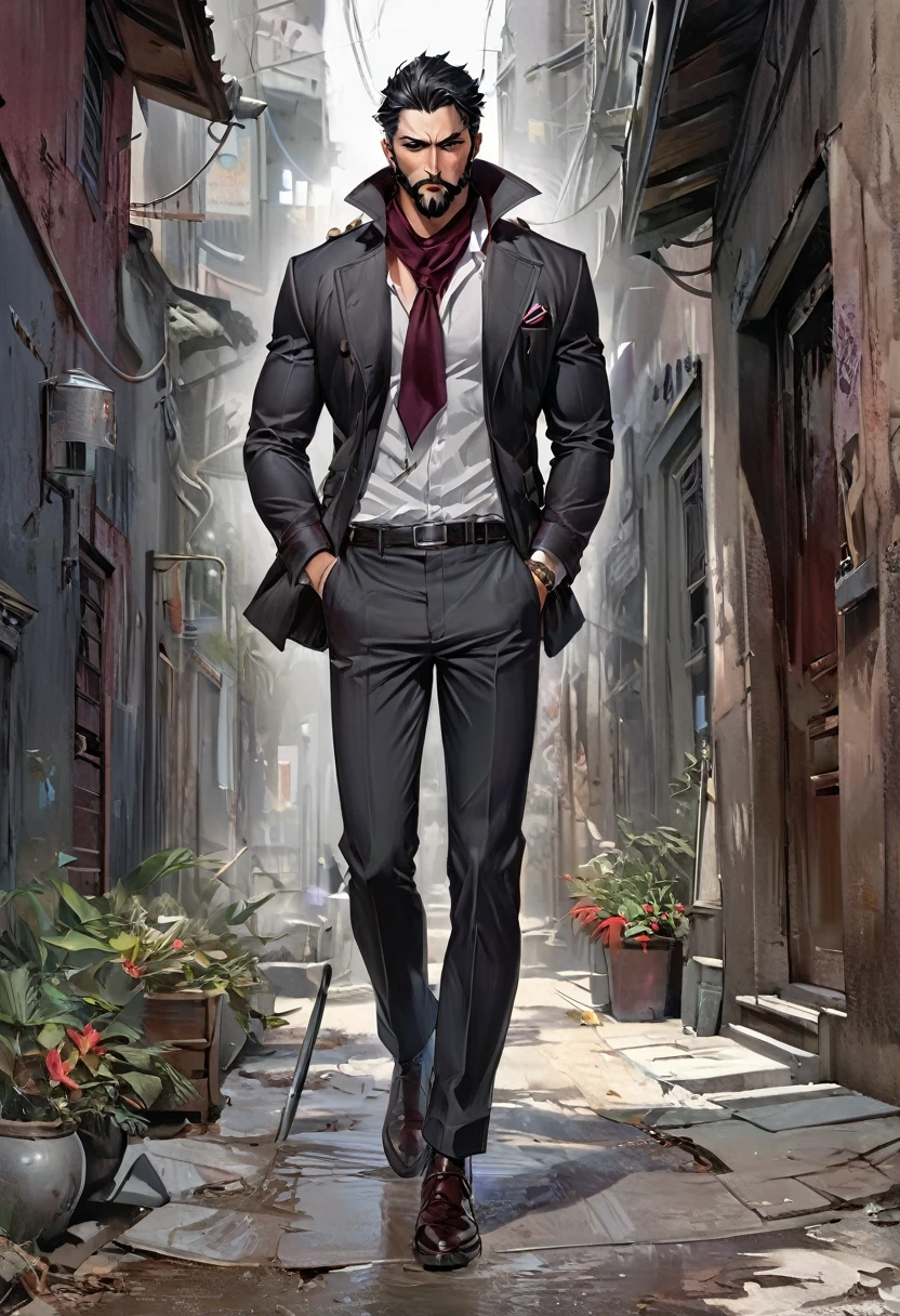 Realistic Digital Painting with Concept Art Elements"," digital painting," "concept art," "realistic," "high detail", "muscular",, "high-res", "ominous aura,", "8k resolution", "oil painting", "darker tone" , "little saturation" ,"dark feeling", "dirty art-style", "concept art" , "detailed features" , "detailed eyes" "1man" , "wolf-cut long black hair" , "sharp features" , "handsome" , "maroon-eyes" , "long sleeve shirt" , "concept art", "20th centaury" , "pants" , "smoking a cigarette" , "full body" , "toned body" , "dangerous looking" , "loose tie around neck" , "Adam's apple" , "masculine" , "extremely short beard" , " dark circles under eyes" , "boss" , "scars over chest"