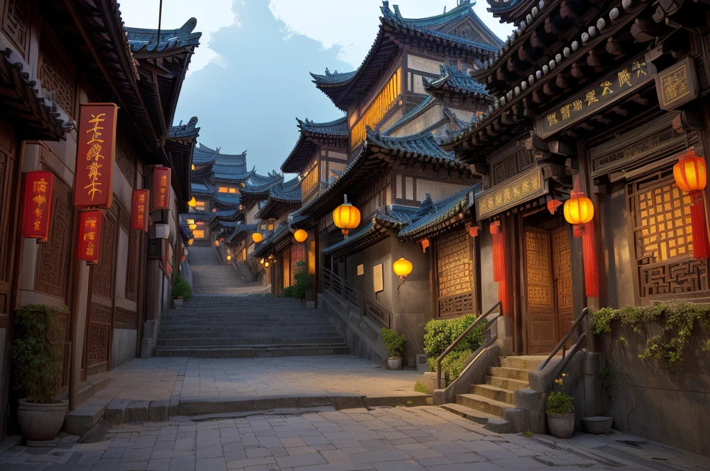 there is a narrow street,There are many buildings and plants, Dream China Town, china village, andreas rocha style, Cyberpunk ancient Chinese castle, Beautiful rendering of the Tang Dynasty, ancient city landscape, The ancient city streets behind her, author:Victor Wang, old asian village, Inspired by Zhang Sengyao, Pan Chengwei on artstation, In an ancient city , ((low angle shot 1.7)) ((Camera lens close to the ground to shoot 1.8))